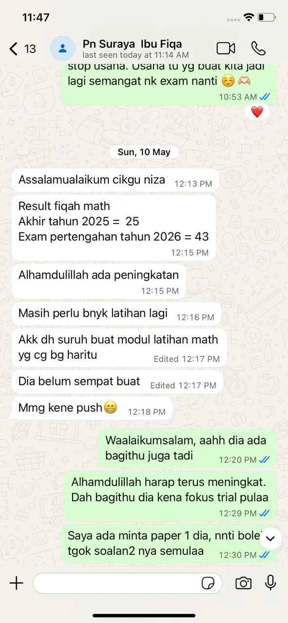 Testimoni WhatsApp — result Math meningkat