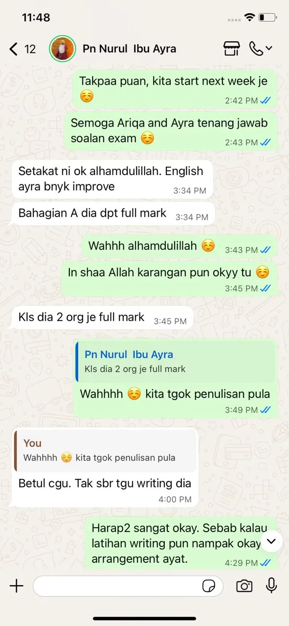Testimoni WhatsApp — English full mark